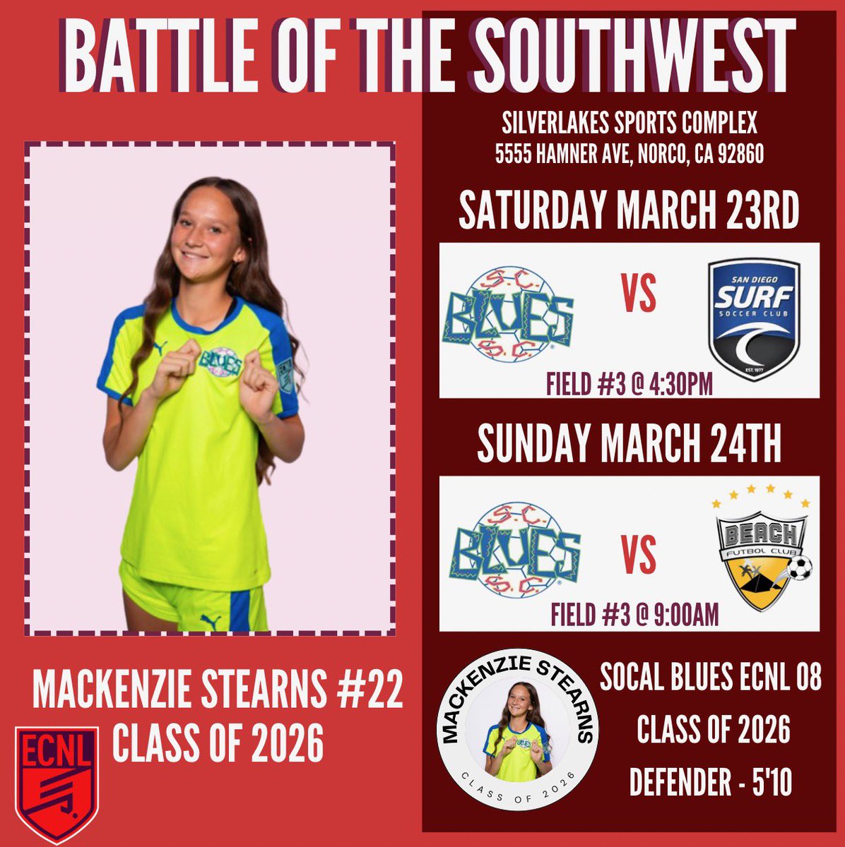 MacKenzie Stearns (2026) (@kenziestearns22) on Twitter photo Tomorrow we’re kicking off the second part of our <a href="/ECNLgirls/">ECNL Girls</a> season at the Battle of the Southwest! Below is my schedule for this weekend ⬇️ looking forward to getting back on the road to playoffs!!! #battleofthesouthwest #ecnlgirls <a href="/socal_blues/">SoCal Blues Soccer Club</a> Tomorrow we’re kicking off the second part of our <a href="/ECNLgirls/">ECNL Girls</a> season at the Battle of the Southwest! Below is my schedule for this weekend ⬇️ looking forward to getting back on the road to playoffs!!! #battleofthesouthwest #ecnlgirls <a href="/socal_blues/">SoCal Blues Soccer Club</a>