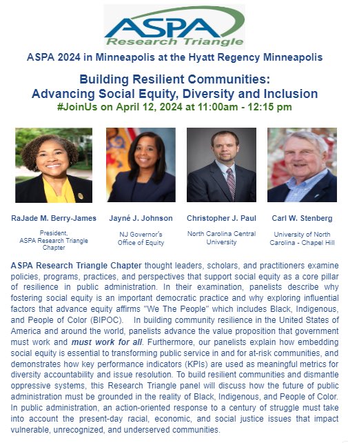 #ASPA2024🌟 Thought leaders, scholars & practitioners explore social equity & resilience in public admin. Centering #BIPOC voices, we'll discuss policies, programs & practices that build inclusive communities💯 Don't miss it! #SocialEquity #Resilience #DiversityAccountability