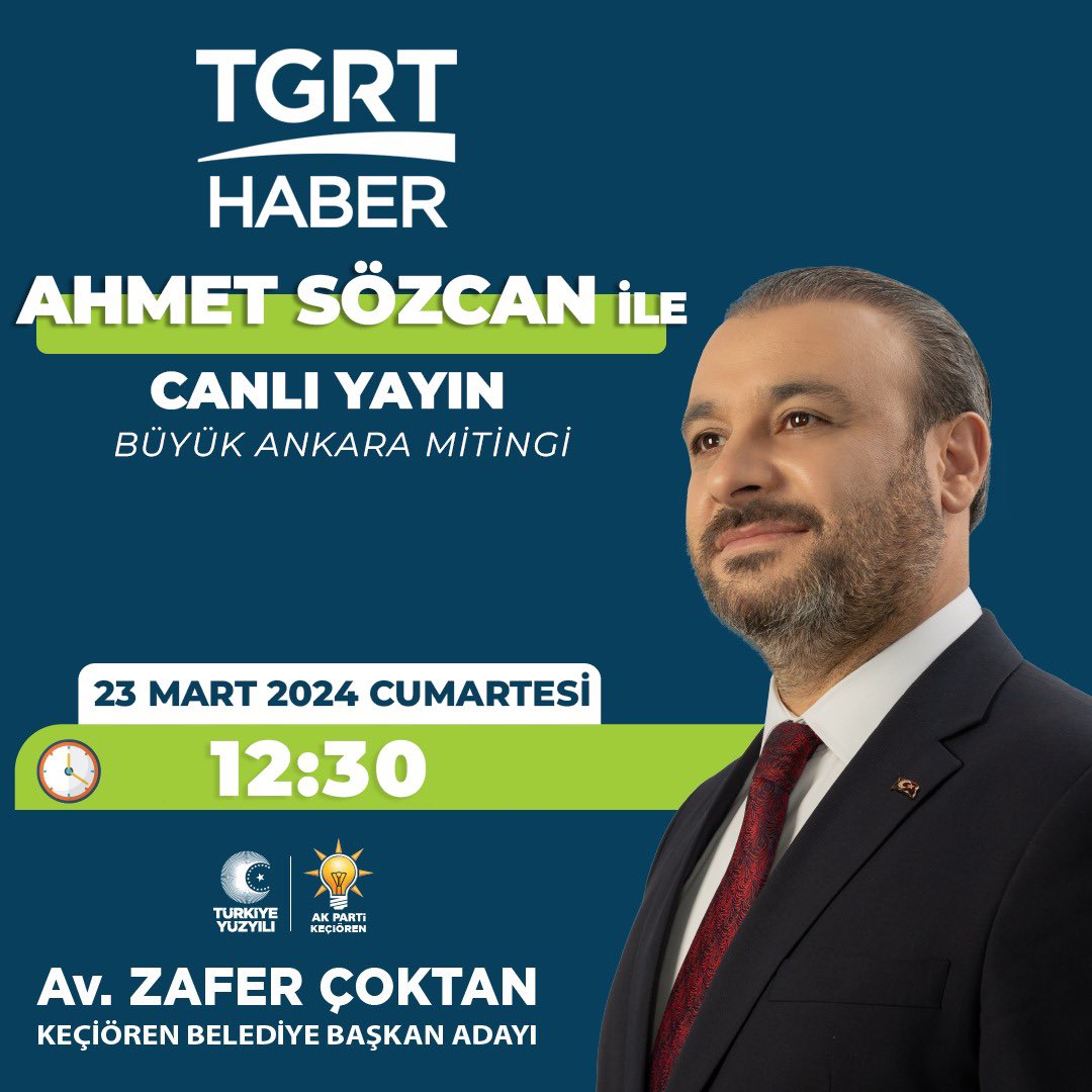 Bugün ( 23 Mart ) saat 12:30'da @tgrthabertv de @AhmetSozcan ın canlı yayın konuğu olacağım. #Keçiören'imizin değerini daha da yükseltecek hedef ve projelerimizi konuşacağımız yayınımıza tüm vatandaşlarımızı bekliyorum. @hakanhanozcan @turgutaltinok06 @AkpartiAnkara…
