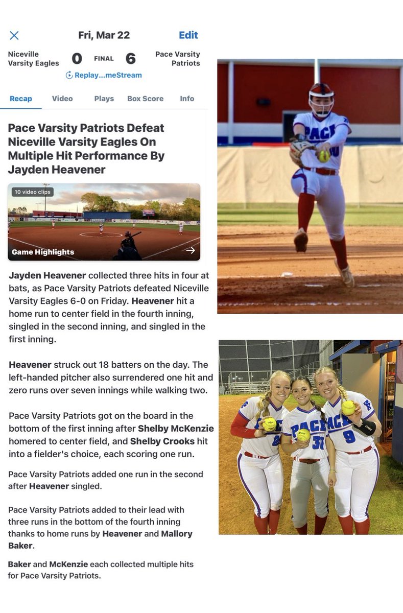 Pace Shuts Out Niceville 6-0! JAYDEN HEAVENER in the ⭕️with 18Ks 💪🏼! Big offensive night for JAYDEN going 3 for 4, MALLORY 2 for 3 and SHELBY 2 for 4! Each with 💣💣💣s! 💙❤️@srpressgazette @pnj_sports @MaxPreps @SBLiveFL @PGFnetwork @ExtraInningSB @SoftbalAmerica