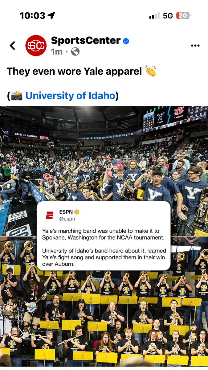 LegalEagleDan's tweet photo. Great win for the @YaleMBasketball against @AuburnMBB. March Madness in full effect. Special thank you to the Idaho marching band for supporting the Bulldogs during the win!  Much appreciation and respect. Always knew you could count on @Idaho_Vandals! https://t.co/0Jp9FRkduD