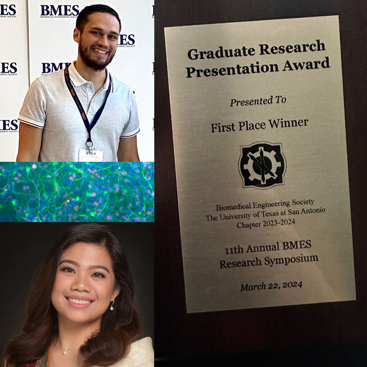 QutubLab's tweet photo. Congrats to grad students Sean Tritley @STritley and Mignon (Miggy) Frances Dumanjog for their work! Sean won best poster for his project "Cellular Model and Neurocircuitry of the Brain's Master Clock" at the 11th annual @BMESociety Chapter Meeting today! &amp; Miggy is a co-author. https://t.co/b6JUao8sOE