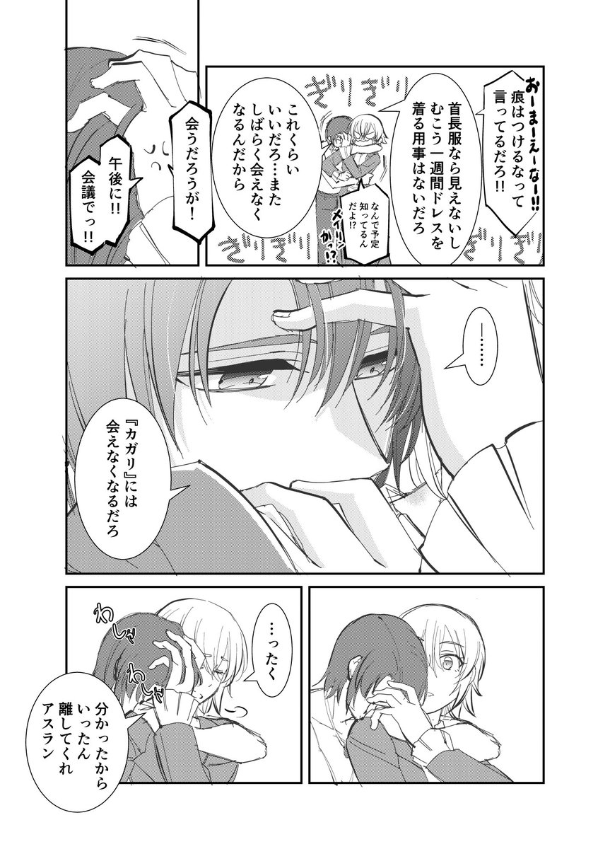 アスカガ漫画
『獅子の噛み痕』
(1/2)

逢瀬翌朝、オンオフきっちりしてるカガに拗ねるアス 