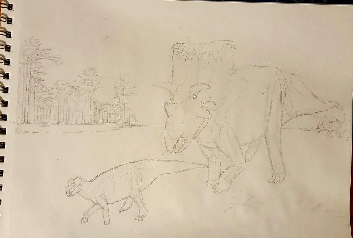 Here's what I did for #Paleostream with the Passenger pigeon, Oceanic eclectus, and a Kosmoceratops teaching Joe a lesson on personal space. #paleoart #sciart #WIP