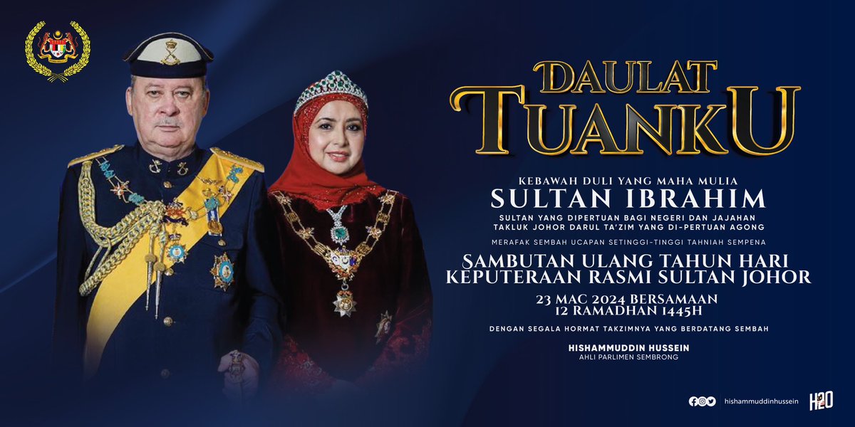 Patik Merafak Sembah Ucapan Setinggi-Tinggi Tahniah Kebawah Duli Yang Maha Mulia Sultan Ibrahim, Sultan Yang Dipertuan Bagi Negeri Dan Jajahan Takluk Johor Darul Ta'zim Yang di-Pertuan Agong Sempena Sambutan Ulang Tahun Hari Keputeraan Rasmi Sultan Johor

Allah Peliharakan Sultan