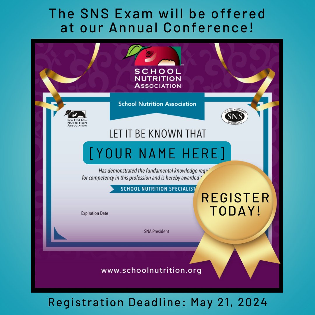 We want to see YOUR name featured with the next batch of SNS certificates by @SchoolLunch! 🏆 We are proud to host the SNS exam at our Annual Conference on June 11, 2024. ➡️ Register by May 21: schoolnutrition.org/careers-traini…