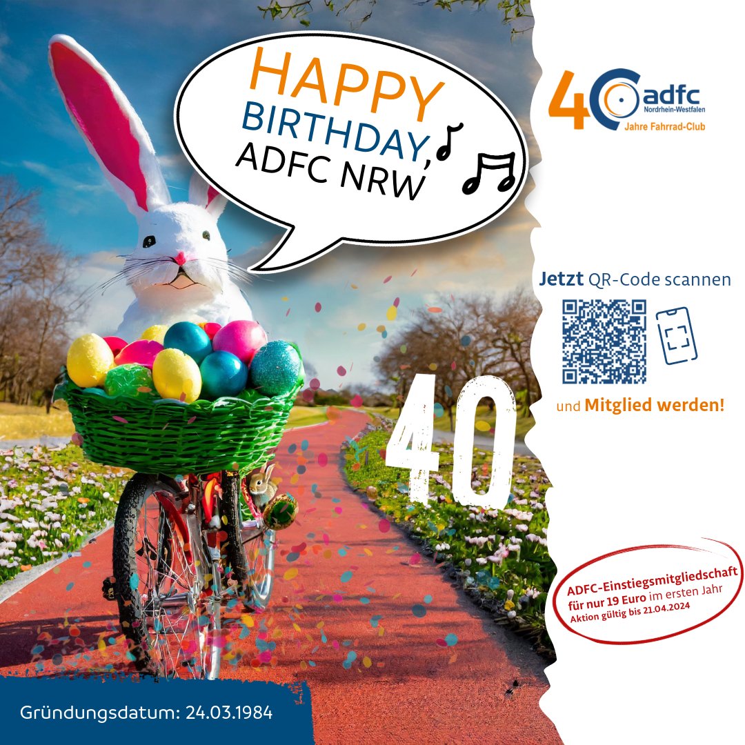 Happy Birthday to us! Wir, der Fahrrad-Club ADFC NRW, werden heute 40 Jahre jung! Feiere mit uns und beschenke dich selbst mit einer Einstiegsmitgliedschaft - für die Verkehrswende: #ADFCNRW #AchDuDickesEi #RADvolution ? adfc.de/formulare/beit…