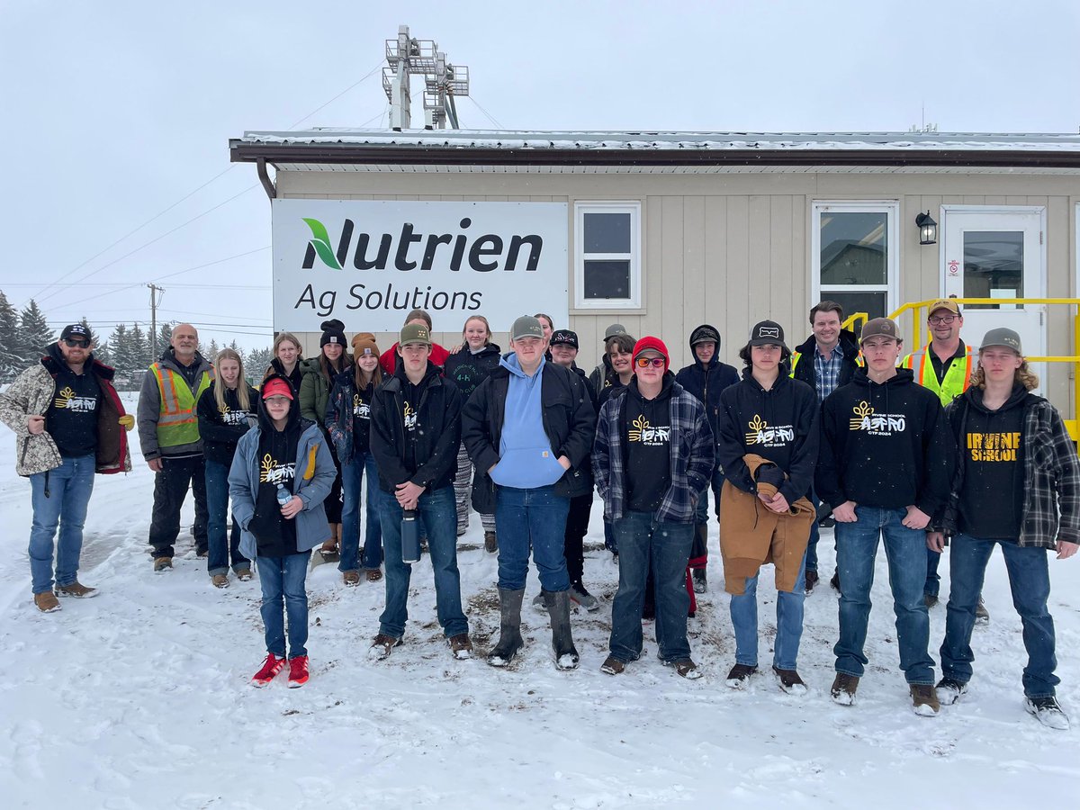 N_Neubauer's tweet photo. Thank you to @NutrienAg_SAB! Their team hosted the @irvine_school #AgPro Crops CTF students. We learned about some great ag #careers, agronomy, &amp; sustainability. Thanks for sharing your expertise to #igniteminds and #forgefutures @PrairieRoseSD8 @BrandonAngle5 @AlbertaAg https://t.co/K6cV5am1U8