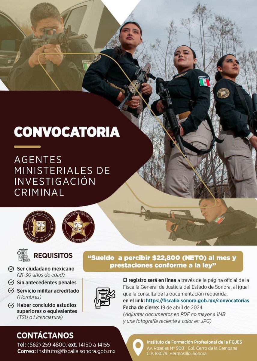 ¡Únete a la Agencia Ministerial de Investigación Criminal

A partir del 22 de marzo y hasta el 19 de abril del presente año se mantendrá abierta la convocatoria en el sitio fiscalia.sonora.gob.mx/convocatorias.