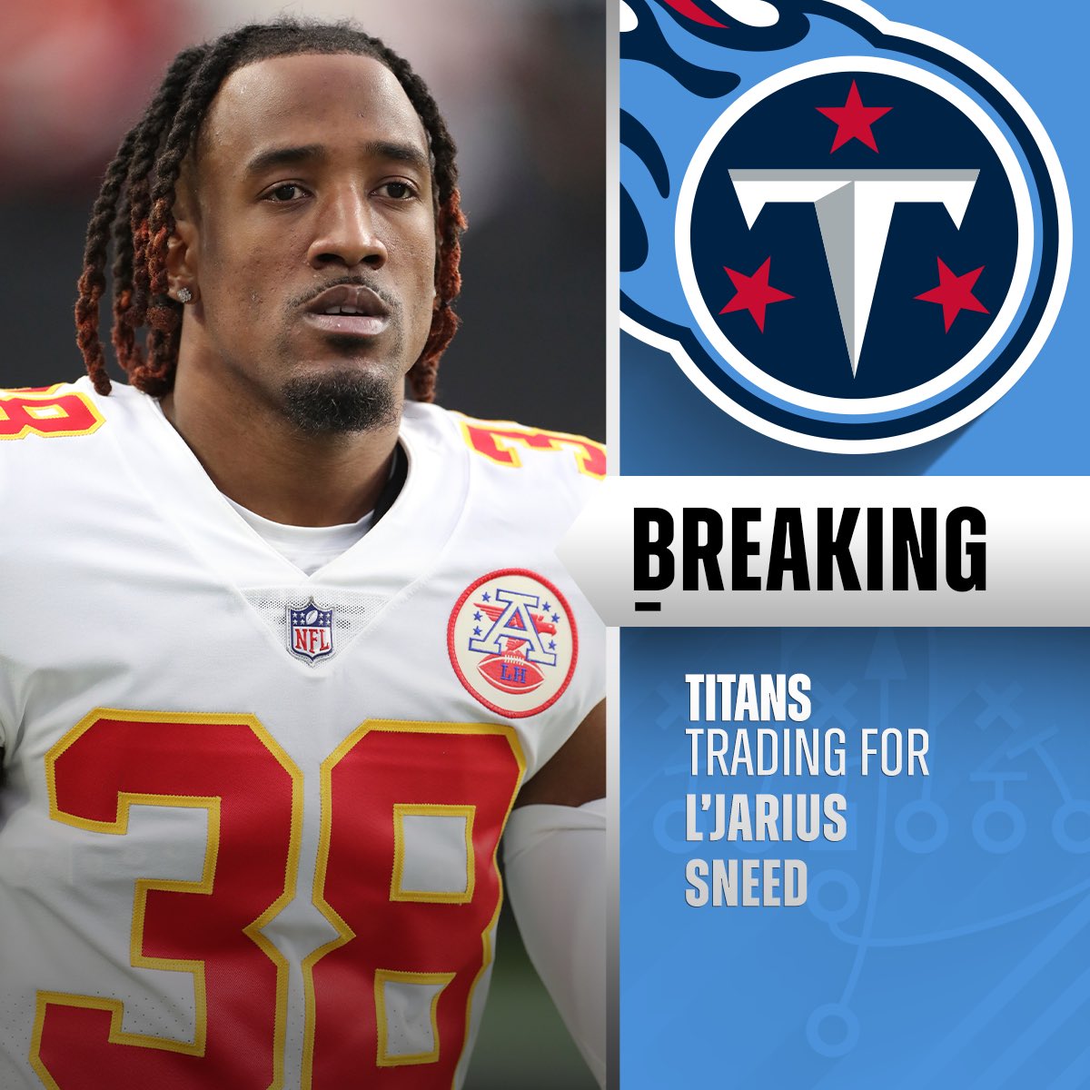 NFL (@nfl) on Twitter photo TRADE: Chiefs trading CB L’Jarius Sneed to the Titans for a 2025 3rd-round pick and a swap of 2024 7th-round picks. (via <a href="/TomPelissero/">Tom Pelissero</a>) TRADE: Chiefs trading CB L’Jarius Sneed to the Titans for a 2025 3rd-round pick and a swap of 2024 7th-round picks. (via <a href="/TomPelissero/">Tom Pelissero</a>)