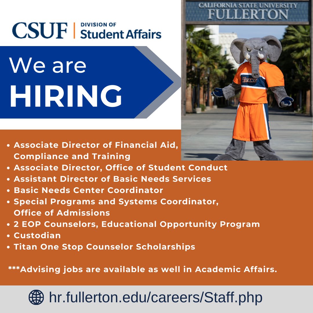 🍊The Division of Student Affairs at <a href="/csuf/">Cal State Fullerton</a> is hiring! 🍊

Come join our teams! Learn more about the positions below by visiting lnkd.in/gGBZhnsK 

#csuf #studentaffairs #SApros #higheredjobs