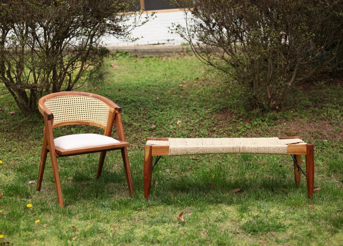 Mecate Bench and Cane Chair crafted from high-quality mature teak—a testament to the beauty of handmade and natural materials. #HomeDecor #InteriorStyling #OutdoorLiving #HandcraftedFurniture #TeakWood #UniqueGrain  #DurableConstruction #ArtisanalCharm #RusticElegance #Natural