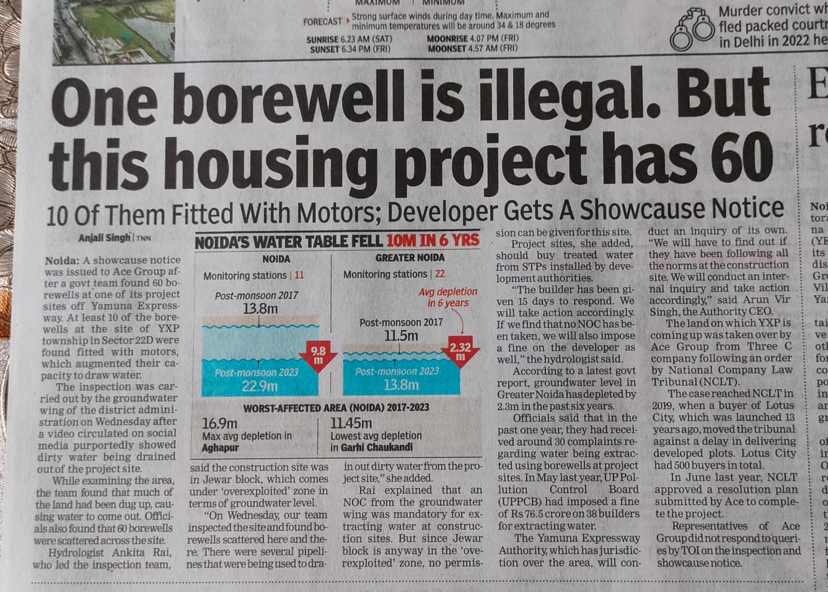 A show cause notice has been issued to the Ace Group’s YXP project after the GB Nagar district groundwater department inspected the project area and found 60 borewells on the site. Motors were found in about 10 borewells. timesofindia.indiatimes.com/city/noida/one…