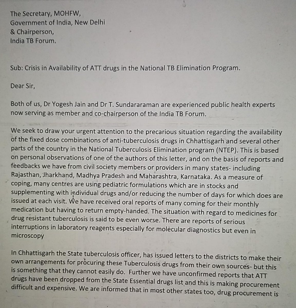 Dr Yogesh Jain & Dr T. Sundararaman, two experienced public health experts flag shortage of TB drugs in Chhattisgarh, Rajasthan, Jharkhand, Madhya Pradesh and Maharashtra, Karnataka Why is govt unable to ensure steady supply of TB drugs? And we expect TB-Mukt Bharat?