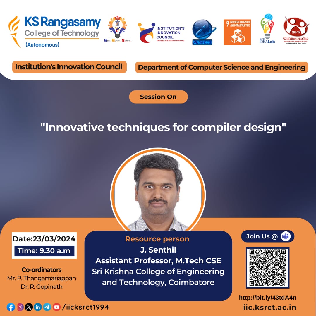 iicksrct1994's tweet image. "Dive into the world of compiler design innovation! Attend our session on 'Innovative Techniques for Compiler Design' to explore cutting-edge approaches in the field. 🖥️🛠️ #CompilerDesign #InnovationSession"
Date : 24.03.2024
Time : 09.30 pm
Link : bit.ly/43tdA4n