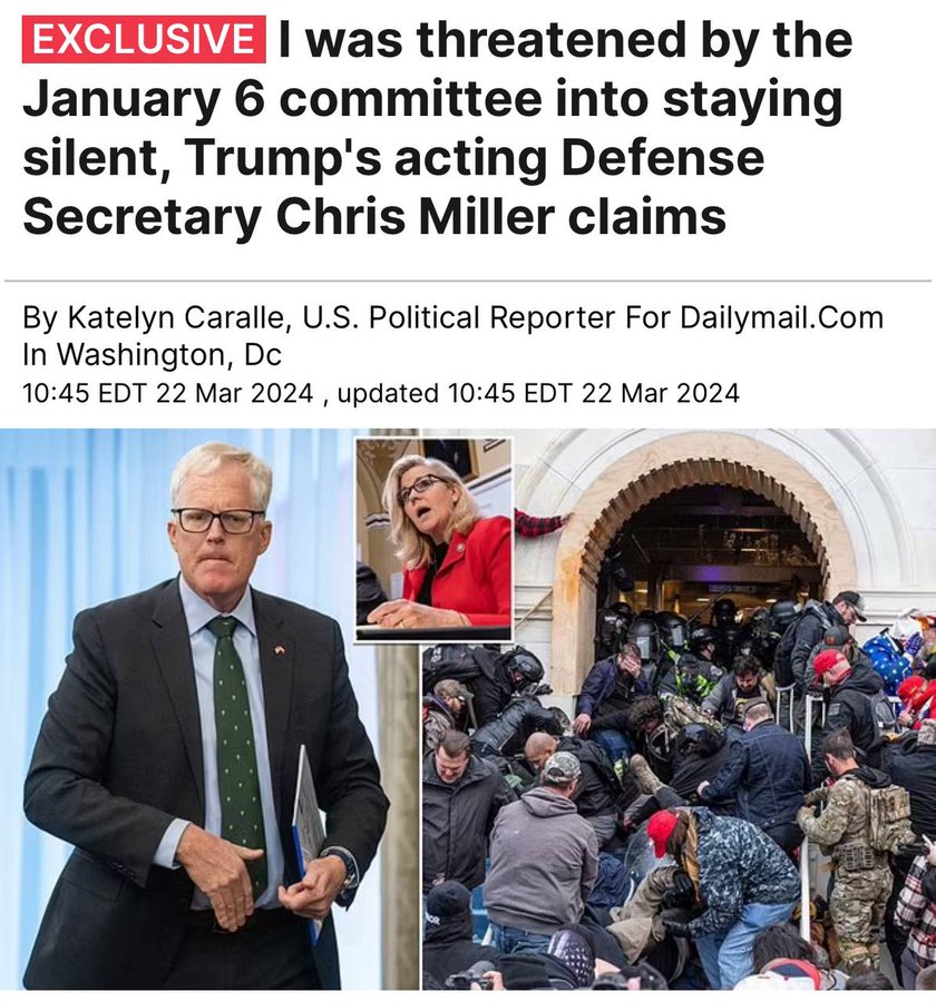 @KanekoaTheGreat Donald Trump's former acting Defense Secretary Chris Miller claims the January 6 committee threatened to 'make his life hell' if he kept claiming his former boss authorized National Guard deployment during the Capitol riot.