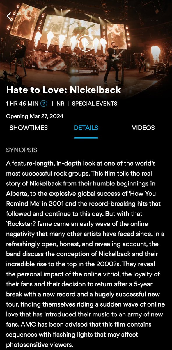 #AMC #HatetoLove #Nickelback March 27th AMC has been made aware of photo sensitive viewing