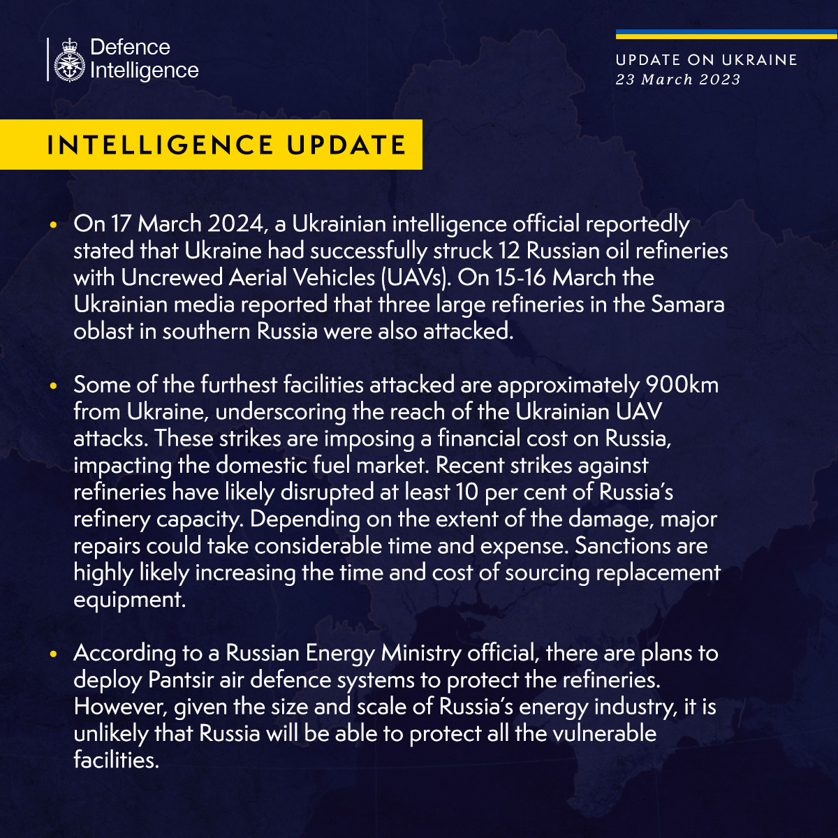 Latest Defence Intelligence update on the situation in Ukraine – 23 March 2024. Find out more about Defence Intelligence's use of language: ow.ly/owjq50R0hej #StandWithUkraine 🇺🇦