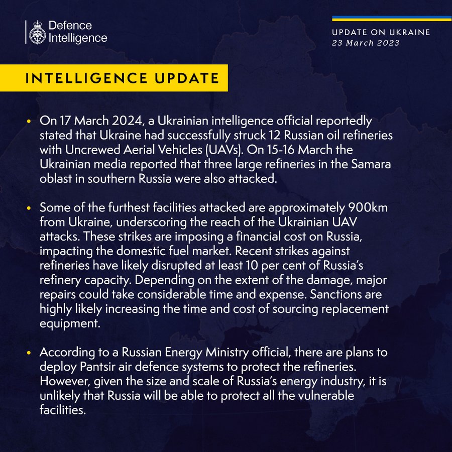 On 17 March 2024, a Ukrainian intelligence official reportedly stated that Ukraine had successfully struck 12 Russian oil refineries with Uncrewed Aerial Vehicles. On 15-16 March the Ukrainian media reported that three large refineries in the Samara oblast were also attacked. Some of the furthest facilities attacked are approximately 900km from Ukraine. These strikes are imposing a financial cost on Russia, impacting the domestic fuel market. Recent strikes against refineries have likely disrupted at least 10 per cent of Russia’s refinery capacity. Major repairs could take considerable time and expense. Sanctions are highly likely increasing the time and cost of sourcing replacement equipment.According to a Russian Energy Ministry official, there are plans to deploy Pantsir air defence systems to protect the refineries. However, given the size and scale of Russia’s energy industry, it is unlikely that Russia will be able to protect all the vulnerable facilities.