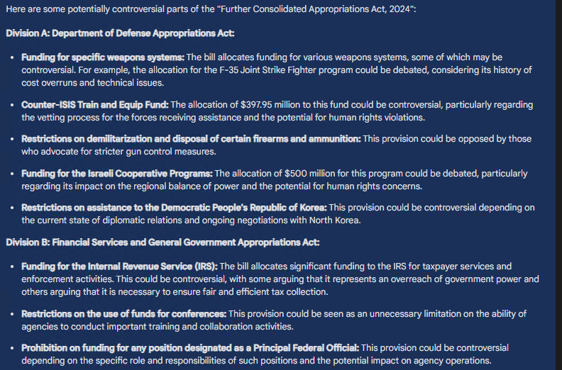 RichardHeartWin's tweet photo. You didn't read the 1,000 page $1.2 Trillion dollar spending bill that just got signed? You can't even find it? Gotchu fam. I made AI do what you could not. DO NOT CLICK LINKS IN RESPONSES. IMPOSTERS! Here's some things it found for you to argue about if you like. https://t.co/ugAPmwE5gR