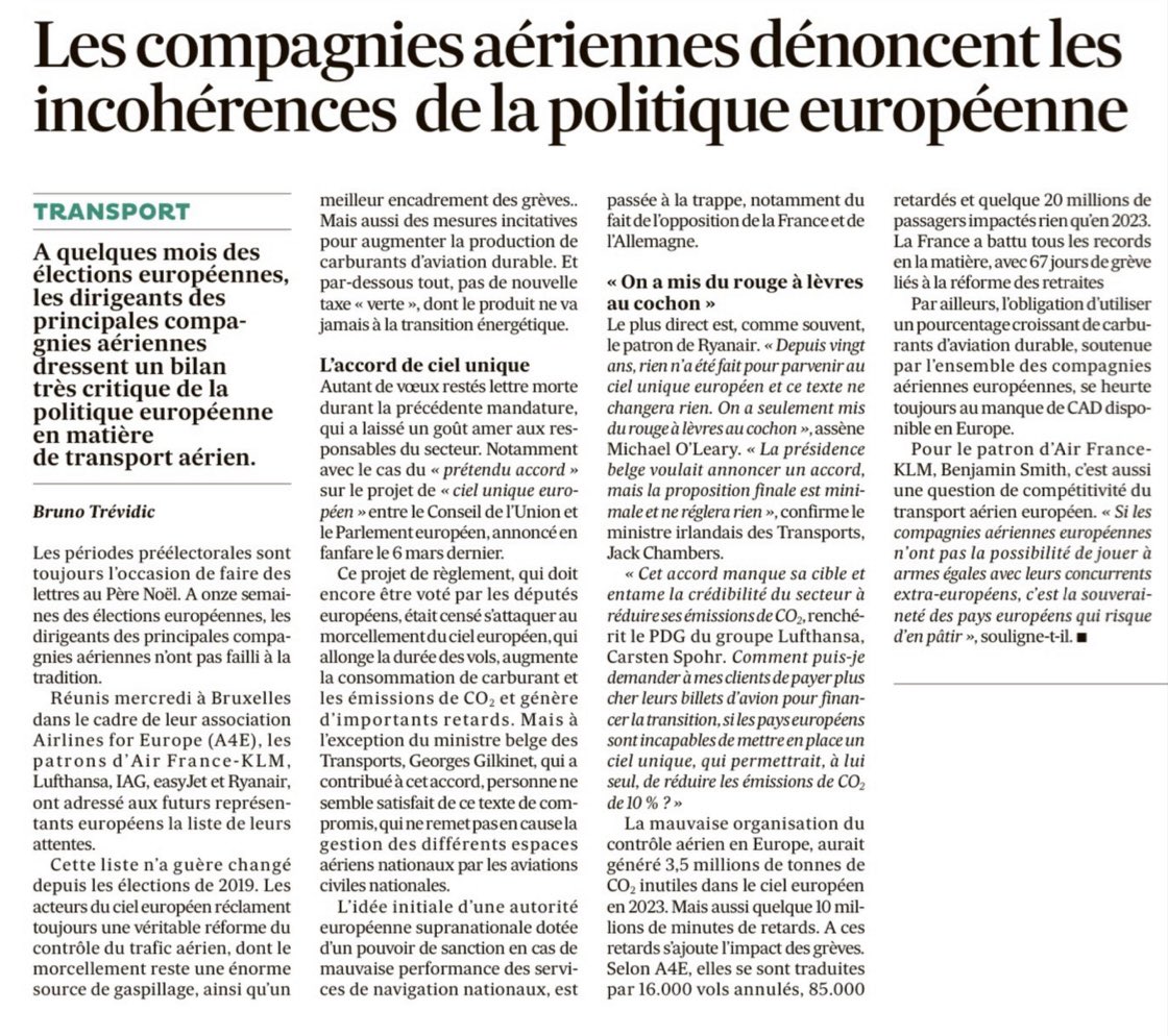 Transport aérien: Souveraineté & devoir de cohérence #A4FC « Si les Cies aériennes européennes n’ont pas la possibilité de jouer à armes égales avec leurs concurrents extra-européens, c’est la souveraineté des pays européens qui risque en pâtir » BenSmith tinyurl.com/A4Europe