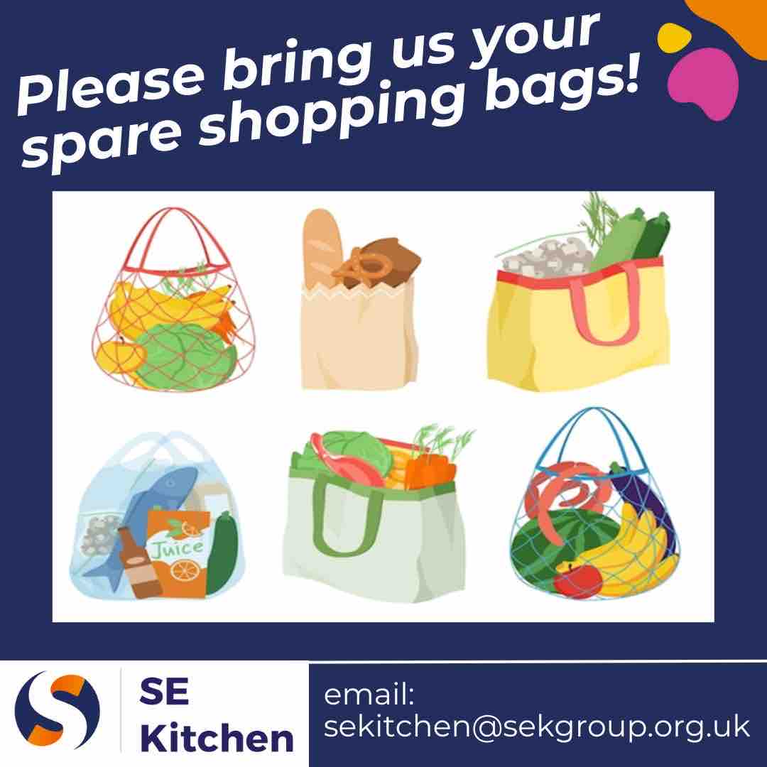 Remember your shopping bags for SE Kitchen - in fact we’d be grateful for any spares please! 😊 We rely on customers bringing their own grocery bags to our social supermarket in Ramsgate, so it’s great to have a supply for those that forget. Do you have a stash at home maybe?🤞🏼