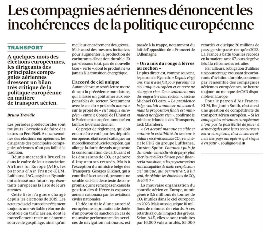 Europe Air transport: Sovereignty & consistency #A4E #A4FC « If European airlines cannot compete on a level playing field with their non-European competitors, the sovereignty of European countries may suffer » BenSmith, #AirFrance CEO 👉 tinyurl.com/A4Europe