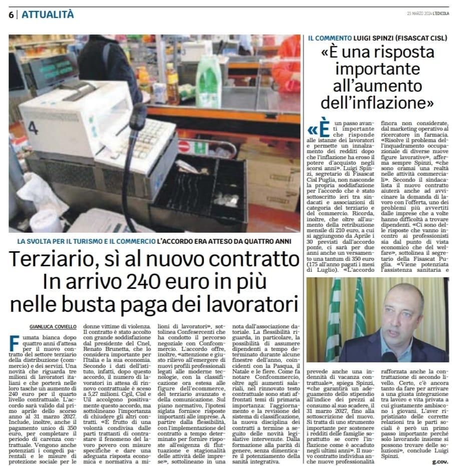 FisascatCislPug's tweet image. #Terziario, dopo 4 anni sì al nuovo contratto. Il segretario generale #FisascatCislPuglia @luigispinzi su L'Edicola del Sud: "Risposta importante all'aumento dell'inflazione" 
LEGGI L'ARTICOLO ⤵️