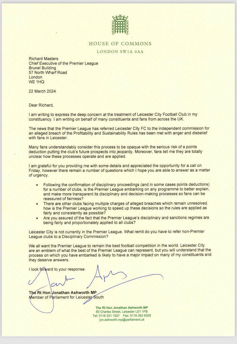 The referral of <a href="/LCFC/">Leicester City</a> for an alleged breach of profitability and sustainability rules has been met with anger and disbelief by fans.

We’ve seen what this meant for Forest &amp; Everton. 

Fans worry this process is opaque.

Today I’ve written to <a href="/premierleague/">Premier League</a> demanding answers. 🦊