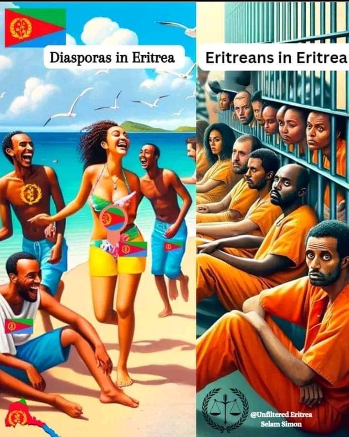 “One picture worth 1000 words” Diaspora brainwashed detached with reality; embracing the slogan my country from far while I enjoy freedoms earned by others Ordinary Eritreans continue to suffer under the brutal dictatorship Knowingly or unknowingly those diaspora are part of