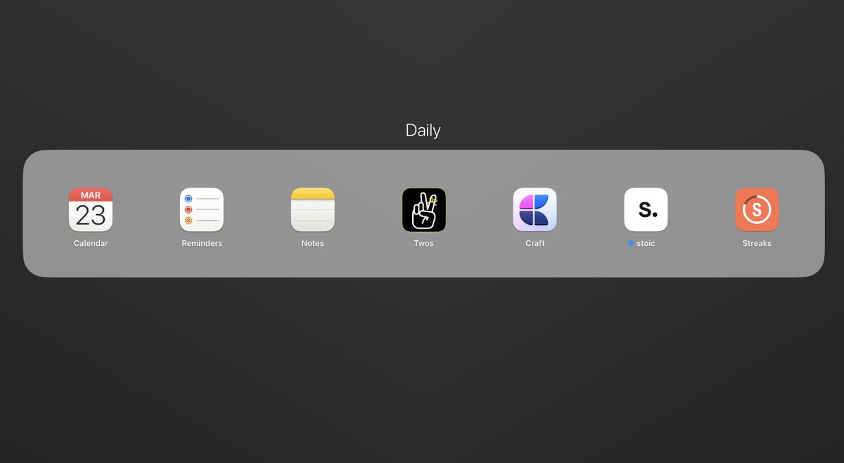 Here's the list of apps I use daily. The fab trio from Apple, @TwosApp, @craftdocsapp, @stoicapp and @TheStreaksApp. #apps #macOS #iOS #iPadOS