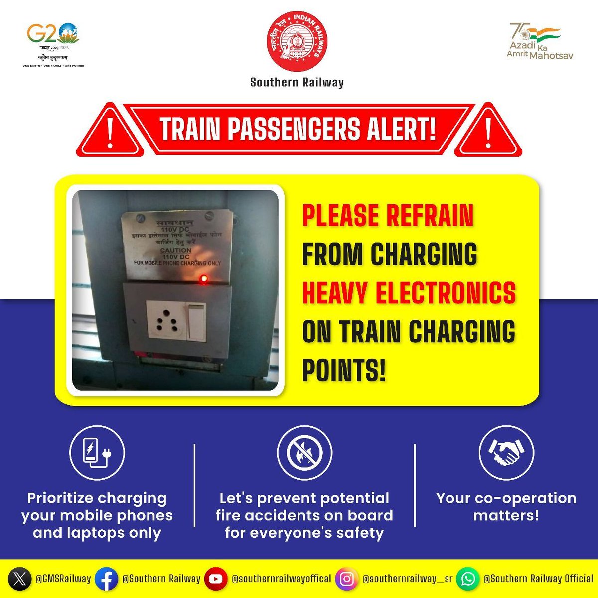 #TrainTravel tip: Play it safe! 

Charging high-powered devices can overload circuits and lead to fire. Stick to phones and low-wattage electronics

#TrainSafety  #FireSafety  #TravelSafe #SouthernRailway #RailwaySafety