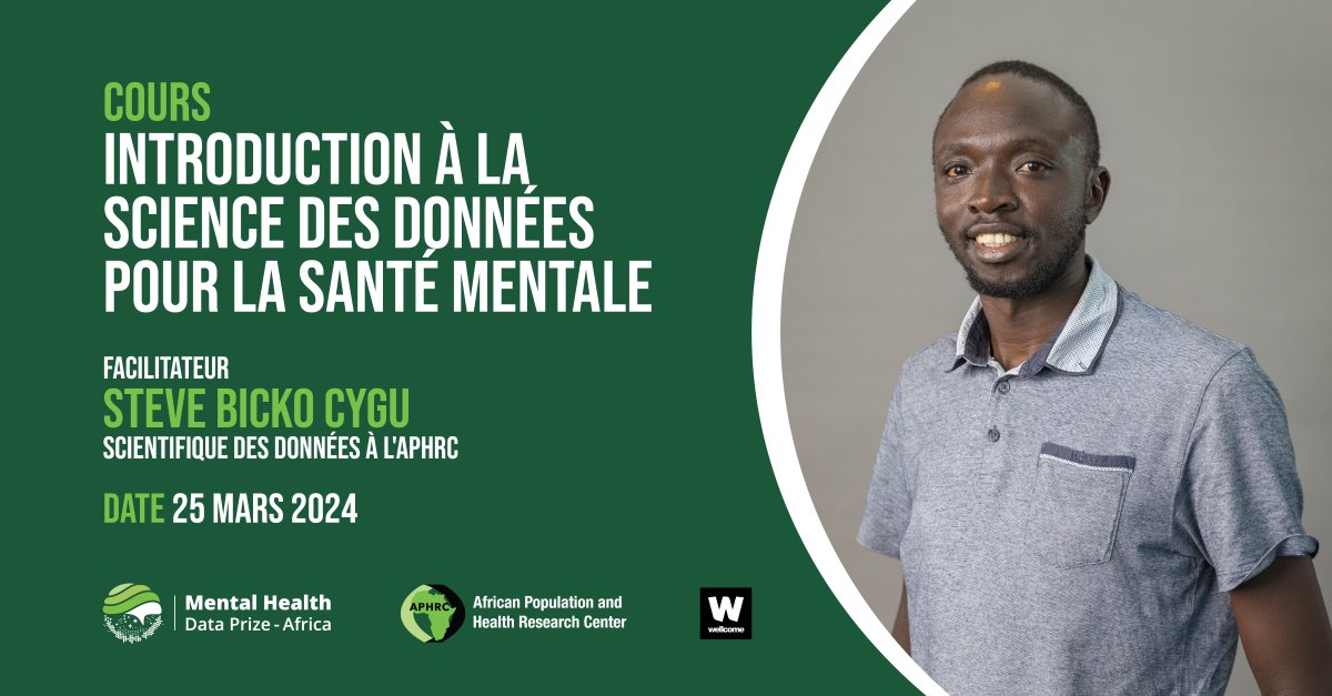 Rejoignez @cygubicko, à @aphrc, alors qu'il anime un cours d'introduction à la science des données pour la santé mentale le 25 mars. Acquérir des compétences et prendre des décisions basées sur les données. Inscrivez-vous dès maintenant ! 🧠💻 > tinyurl.com/n23nm2a9