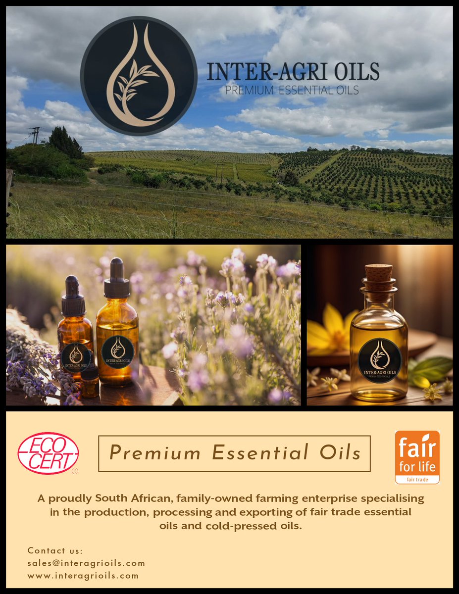 Inter-Agri Oils is a proudly South African premium essential oils producer, with tea tree oil our main product offering. Our tea tree oil is cultivated in Oribi Flats, KwaZulu-Natal, South Africa interagrioils.com 
#essentialoils #organic #teatreeoil #fairtrade #certified