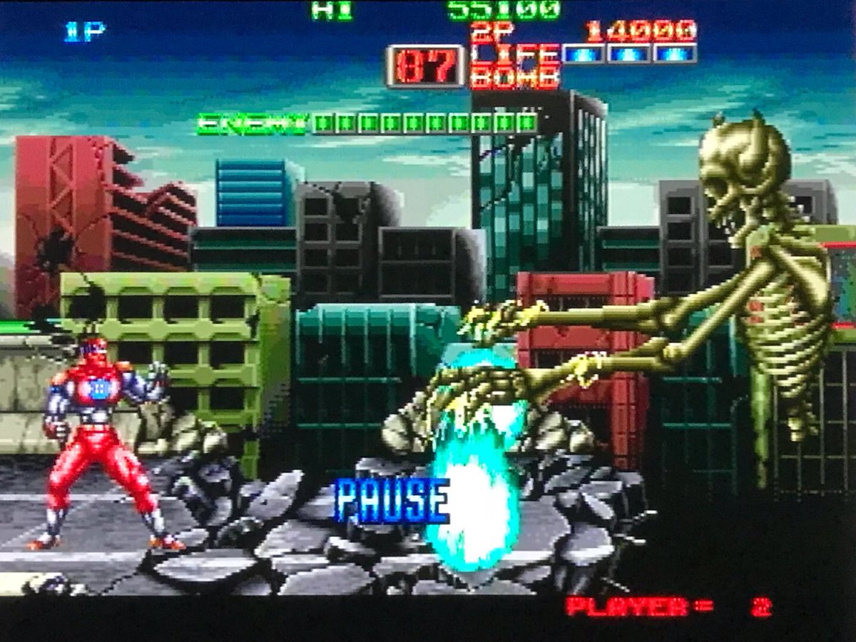 sekiro_51's tweet photo. NEO GEO AES エイトマン🕹
①4-5 高速スクロールステージ💨
②ザコ敵は出現せず行き止まりにさっき逃げたドクロの上半身が待ち受ける🔥💀🔥
③4-6 ラスボス サイバー戦開始💥両手から火球を放つ強敵☄️☄️
④敵の体力ゲージあと1個まで削ったが…😓
#ネオジオ #NEOGEO #SNK
#8マン #8man #Eightman https://t.co/RcerXxZTuD