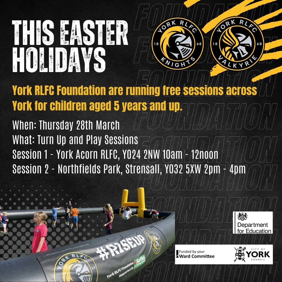 𝐓𝐡𝐢𝐬 𝐄𝐚𝐬𝐭𝐞𝐫 𝐇𝐨𝐥𝐢𝐝𝐚𝐲 🐣 🏉Our Easter school holiday programme is now available to view on our website! 👍 All 23 sessions are FREE to attend & suitable for children aged 5+. 📍Coming to venue near you! 🌐 yorkrlfc.com/schoolholidays #WeAreYork | #RiseUp #HAF