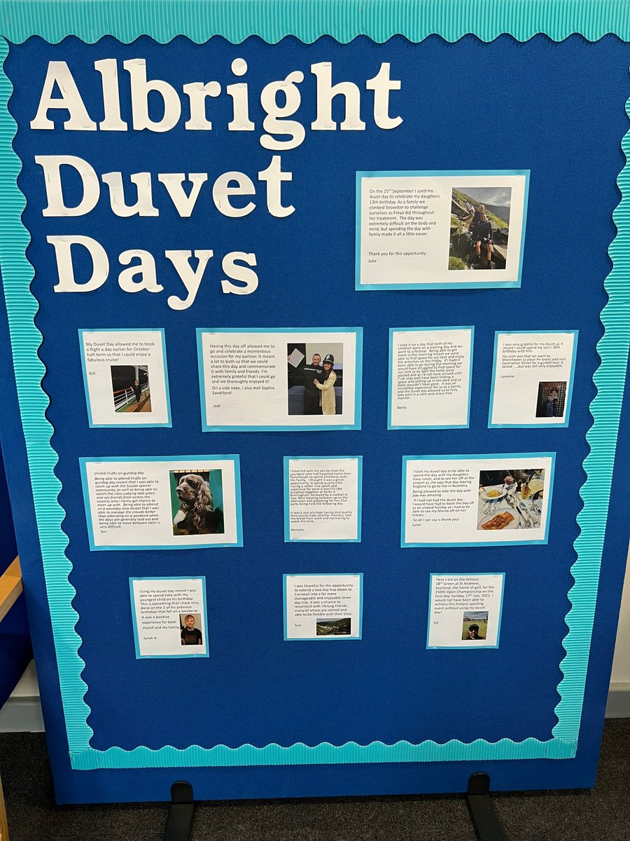 @AlbrightCentre gifts all staff a Duvet Day each year ... for them to enjoy however they wish. I was so incredibly proud (and a little emotional) to read how they have been spending their days so far this year 💚 #ThisisAP #edutwitter #wellbeing