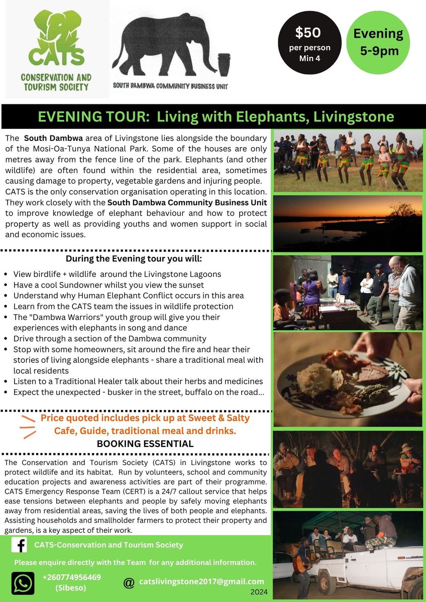 Travelling to Livingstone this Easter and want to experience something different? Join us on the Living with Elephants Tour. You get to see how the Dambwa Community interacts with the wildlife around them and they tell you their story as a community! Join us!!!