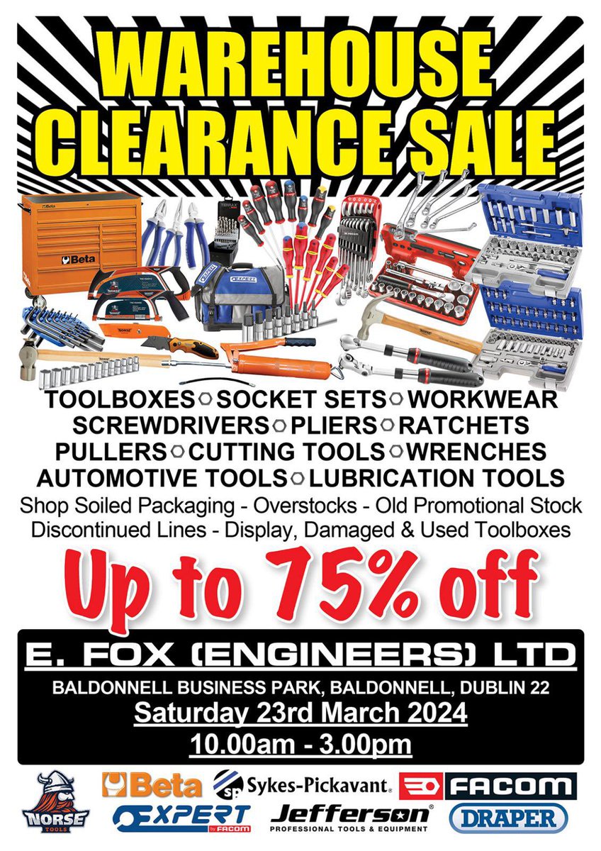 It’s today folks- our annual Warehouse Clearance Sale. Massive Discounts- don’t miss it! From 10am at our Baldonnel Business Park Trade Counter!