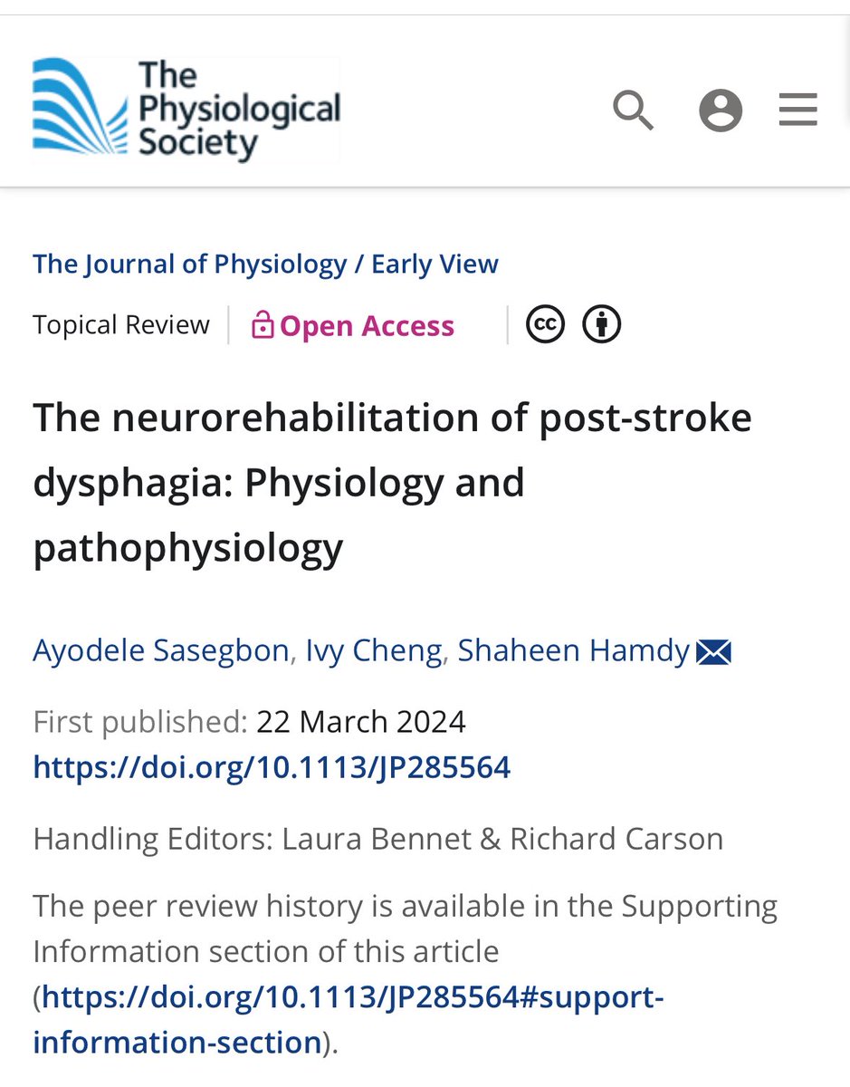 Our topical review, 'The neurorehabilitation of post-stroke dysphagia: Physiology and pathophysiology' is now published in The Journal of Physiology! Link: doi.org/10.1113/JP2855… #dysphagia #review #pathophysiology #physiology #stroke #neurorehabilitation @DeleSasegbon