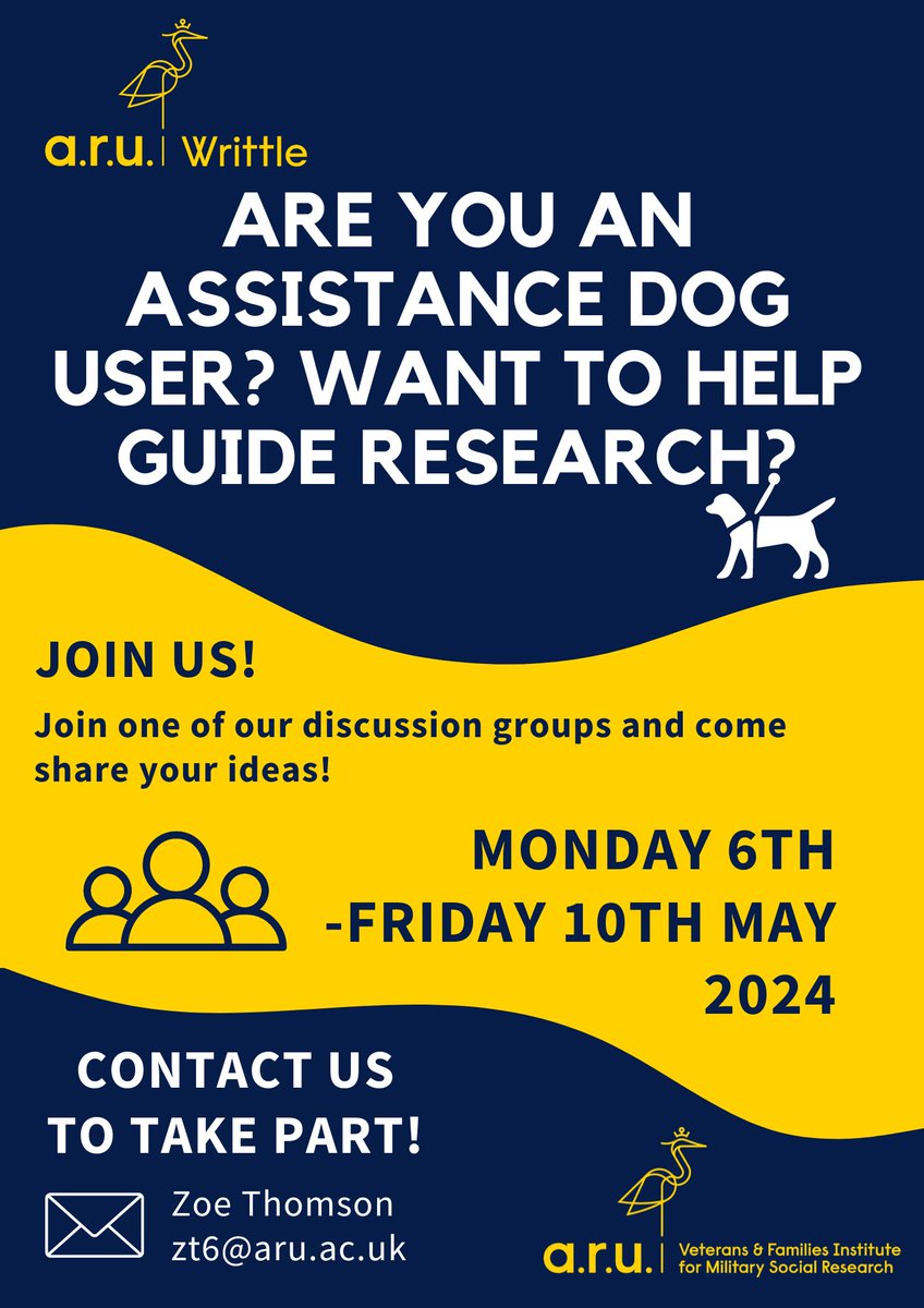 Nieky van Veggel 🇪🇺🇳🇱 (@nieky_vv) on Twitter photo 🚨Are you an assistance dog user in the UK? Are you interested in research on how important assistance dogs are? Would you like to help guide our future research? We need your help!🚨
Join us for our discussion groups. Get in touch with us at zt6@aru.ac.uk to find out more. 🚨Are you an assistance dog user in the UK? Are you interested in research on how important assistance dogs are? Would you like to help guide our future research? We need your help!🚨
Join us for our discussion groups. Get in touch with us at zt6@aru.ac.uk to find out more.