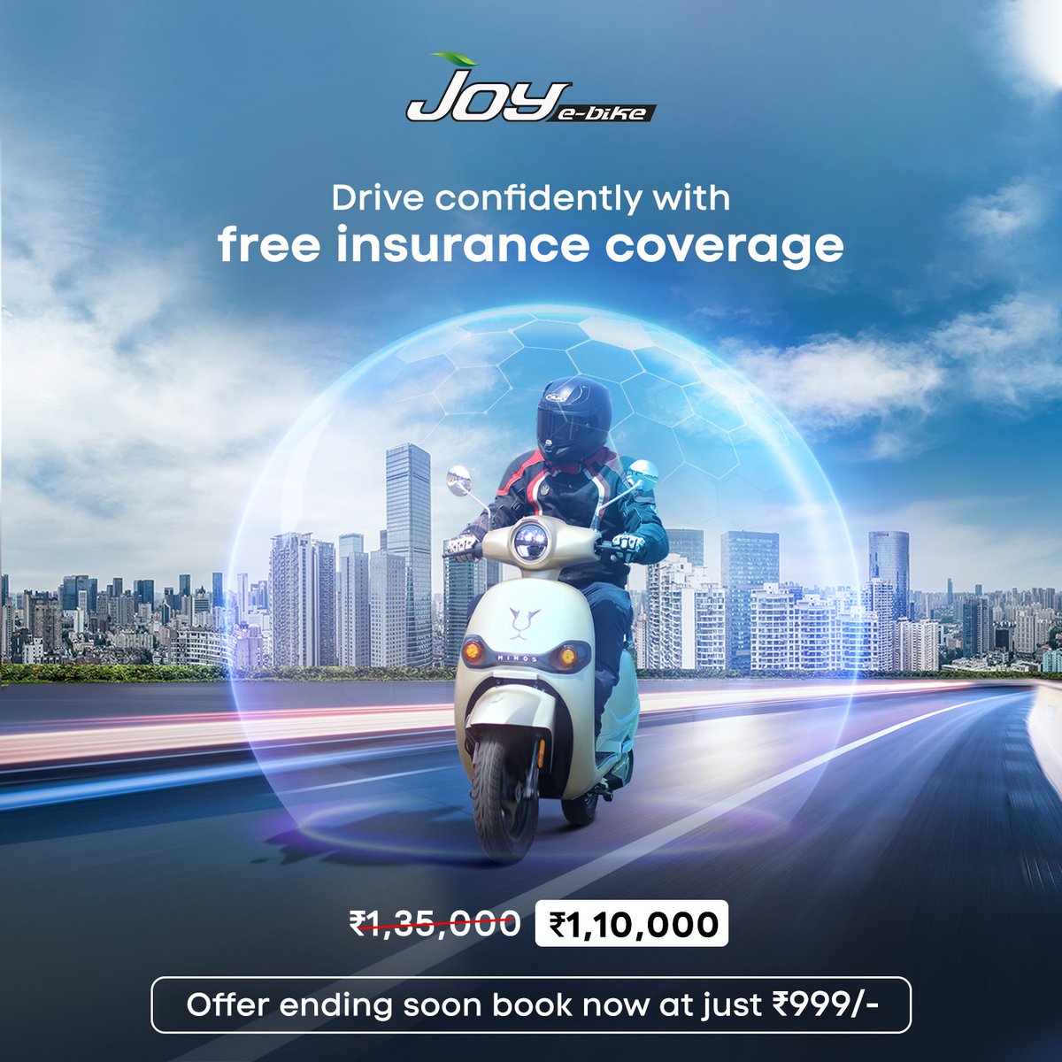 Ride easy, ride insured! Joy e-bikes come with free insurance, so you can focus on the journey ahead. Hurry and book your joy e-bike at just 999/- before the offer ends. #Joyebike #FreeInsurance #LongLifeBattery #Mihos #StrongBody #LongRange #discountoffer