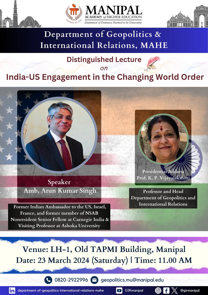 It is an honour to welcome our distinguished speaker for Ambassador Arun Singh to deliver an online lecture on Indo-US Engagement in the Changing World Order