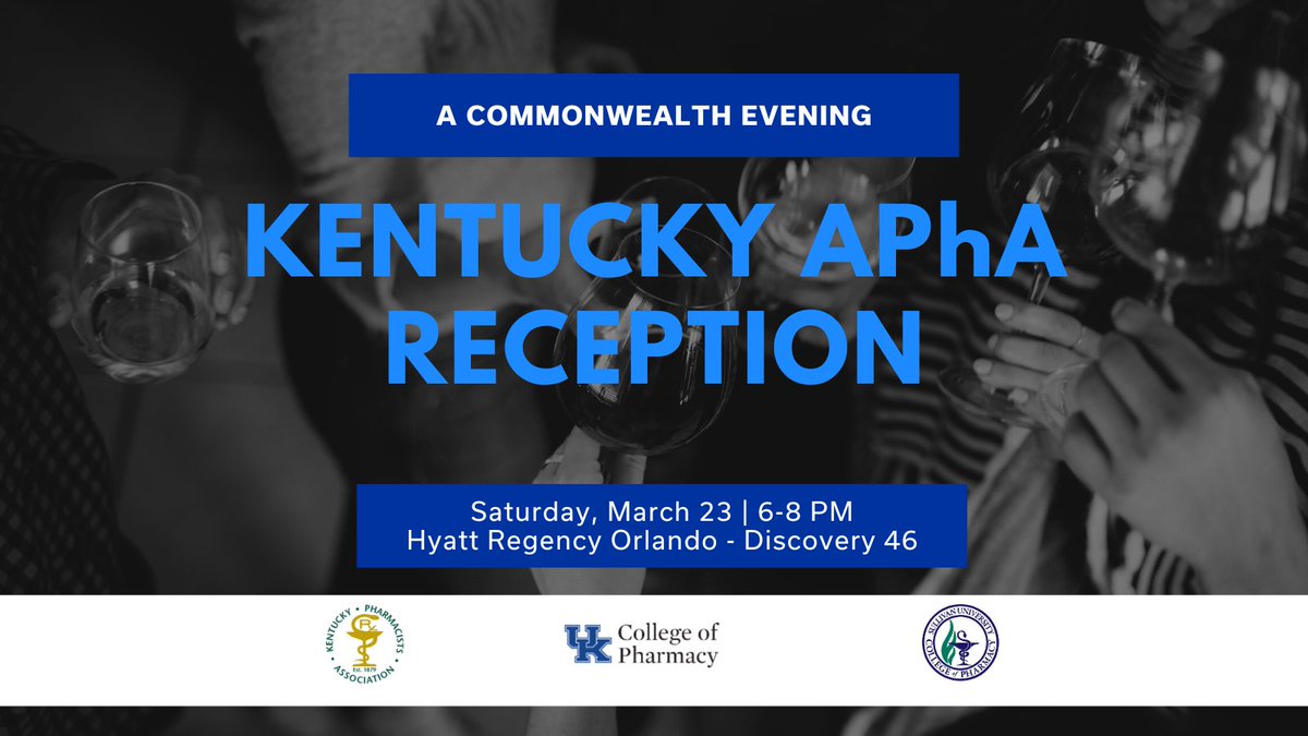 TONIGHT! Are you at the @pharmacists annual meeting? Stop by our all-Kentucky reception from 6-8 PM at the Hyatt Regency to see friends from @UK_COP, @SullivanU COPHS, and @KyPharmAssoc! RSVP: bit.ly/3VkbJNh #TwitteRx #APhA2024