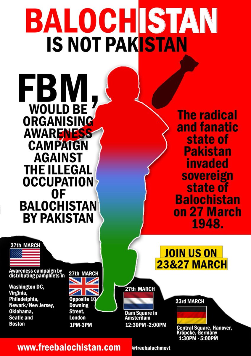 The Free Balochistan Movement Germany Branch is conducting a protest today (23 March) in Hanover Central Square in #Germany. There will be further protests and Awareness Campaigns in the USA, UK and Netherlands in 27 March. #BalochistanIsNotPakistan #27MarchBlackDay
