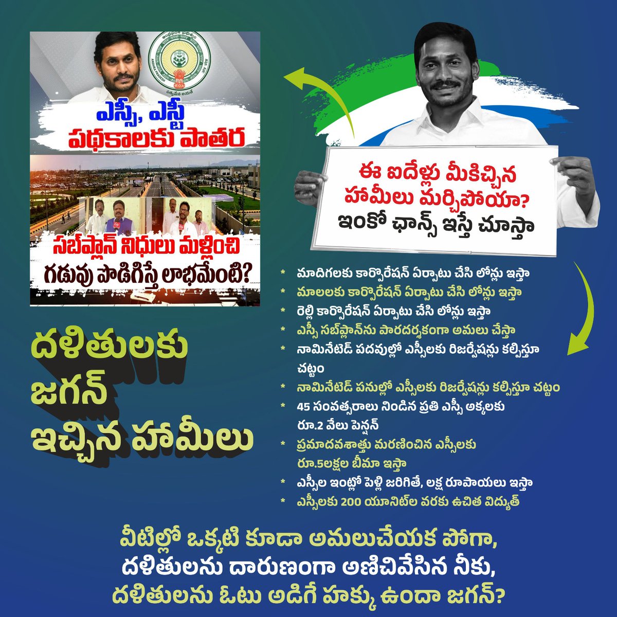 TDPDigitalMedia's tweet photo. దళితులని మోసం చేస్తూ గత ఎన్నికలలో జగన్ రెడ్డి ఇచ్చిన హామీలు ఇవి. వీటిల్లో ఏ ఒక్కటీ అమలు చేయకపోగా, దళితులని దారుణంగా అణిచివేసిన నీకు, దళితులను ఓటు అడిగే హక్కు ఉందా జగన్ రెడ్డీ?

#AndhraPradesh 
#DalitDrohiJagan 
#WhyAPHatesJagan 
#DalitAtrocitiesInAP 
#DalitLivesDontMatterInAP https://t.co/qhi4vwmWbq
