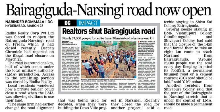 DeccanChronicle's tweet image. The Bairagiguda-Narsingi road, recently closed, has been reopened. This follows a report by the Deccan Chronicle on the illegal closure. The road is a vital link for local residents

#Hyderabad #RoadReopened #DCImpact #DeccanChronicle