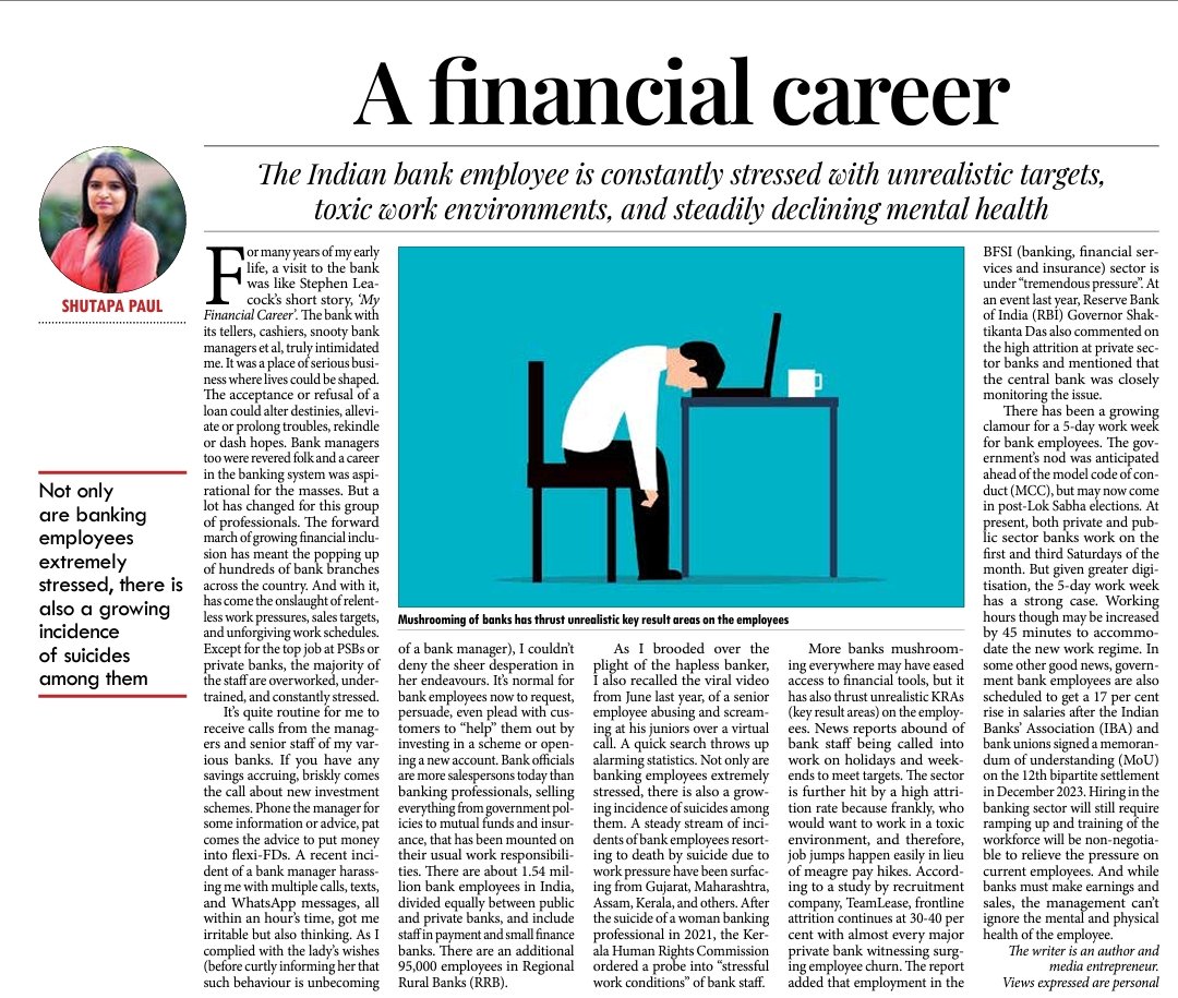 'A financial career: The Indian bank employee is constantly stressed with unrealistic targets, toxic work environments, and steadily declining mental health,' I write this week: 

millenniumpost.in/opinion/a-fina…

#banking #banks #bankjobs #financialinclusion #India #workculture