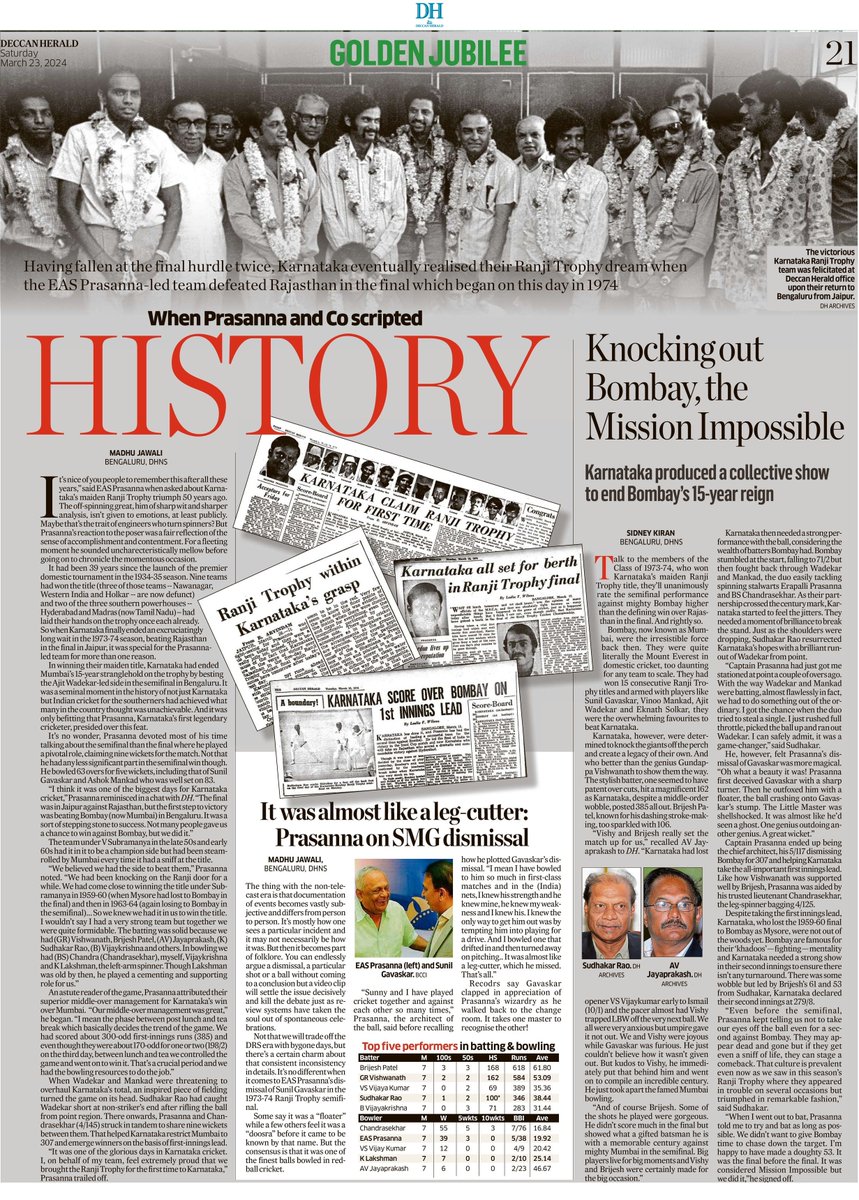 On this day 50 yrs ago, the 1973-74 #ranjitrophy final between Karnataka and Rajasthan began which the former won for the first time. To celebrate the golden jubilee <a href="/DeccanHerald/">Deccan Herald</a> sports <a href="/MadhuJawali/">Madhu Jawali</a> <a href="/RdT1969/">roshan thyagarajan</a> brings out a special feature <a href="/RanjiKarnataka/">Karnataka Ranji Team║ಕರ್ನಾಟಕ ರಣಜಿ ತಂಡ</a>