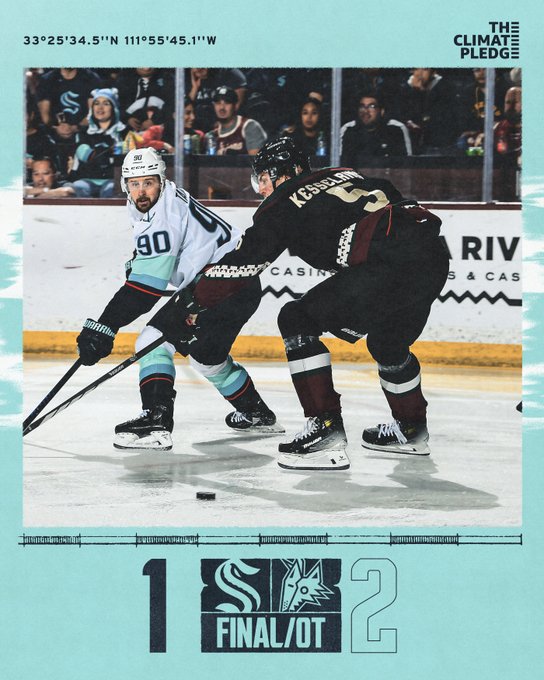 Loss period graphic with an ice blue gradient background. The arena coordinates and The Climate Pledge logo are along the top of the graphic in blue lettering.An image of game action is overlayed in the center of the graphic. The opponent’s logo and Kraken logo are along the bottom of the graphic with final score / OT written underneath. The score is 2-1.